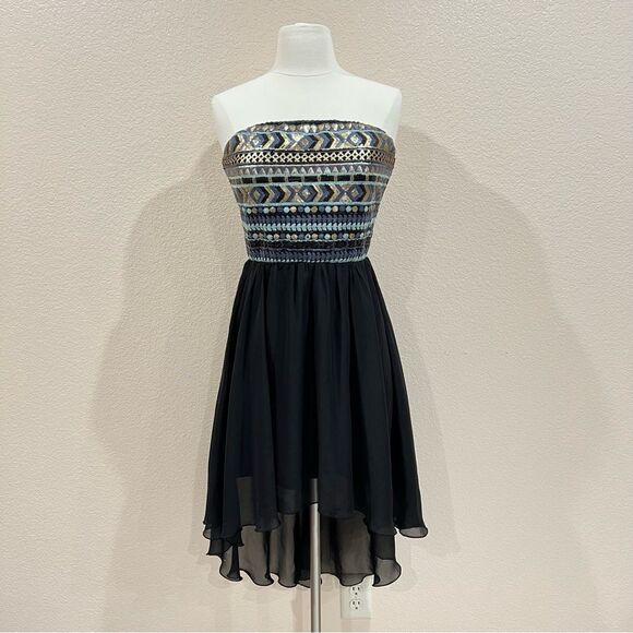 Charlotte Russe Black Gold Sequin Strapless High Low Dress Size Medium - Picture 3 of 11